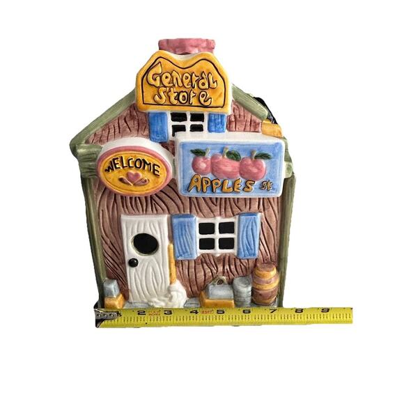 Vintage General Store Cookie Jar By GKAO Ceramic Brown House Welcome Apples Eggs - Picture 15 of 16